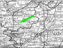 La freccia verde indica la zona in cui si estende il terreno del Centro Internazionale per lo Sviluppo Sostenibile AMRITA BHOOMI, nel Distretto di Chamarajanagar, a circa 60 Km da Mysore.